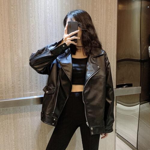 Black pu leather jacket women spring and autumn new loose motorcycle jacket leather jacket