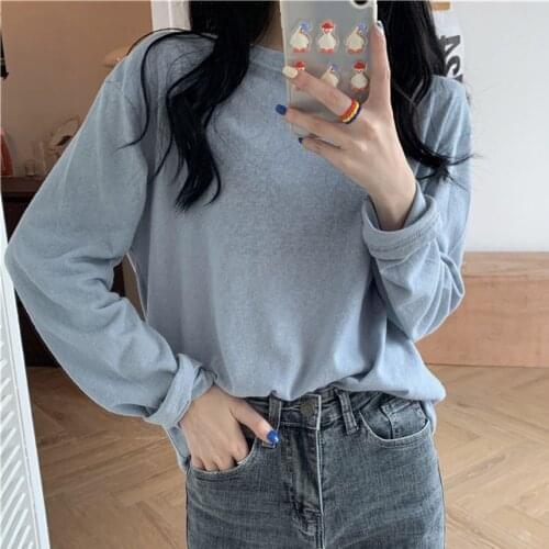 Alien Kitty 7 Colors Chic Unicolor Full Sleeves T-Shirts Casual All Match Autumn 2021 Women New OL Loose-Fitting Cotton Tops