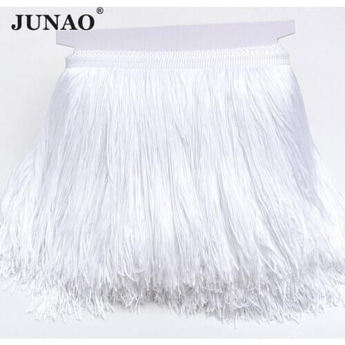 JUNAO 20cm Long White Fringe Tassel Chinlon Lace Trim Ribbon Curtain Fringes Trimming for Latin Dance Skirt Handmade Crafts