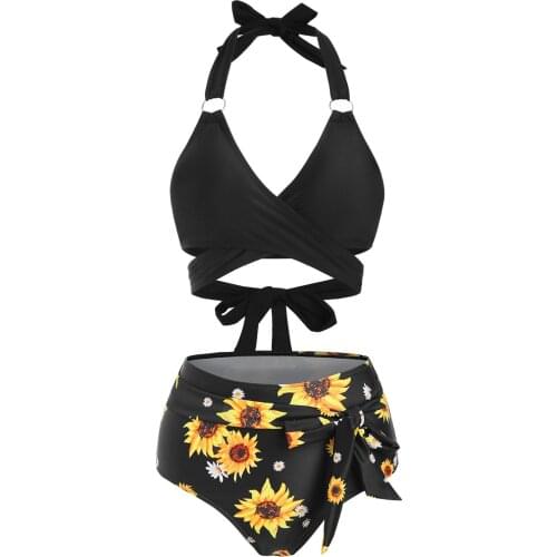 Wipalo Ring Sunflower Knot High Waisted Wrap Bikini Swimwear Two Piece Swimsuit 2021 Girl Beach Bathing Suit Biquinis Beach Wear