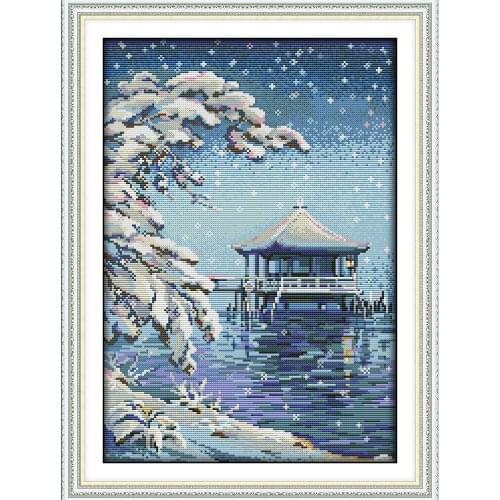 The pavilion on the water cross stitch kit winter snow 14ct Pattern printed DMC embroidery handmade needlework craft supplies