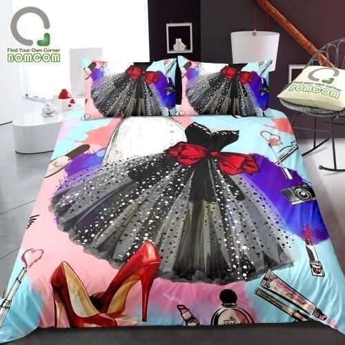 BOMCOM 3D Digital Printing Duvet Cover Set Makeup Theme Cosmetic Prettiest Girl Fashion Skirt Red Heels Set 100% Microfiber