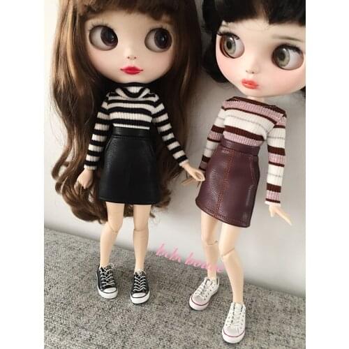 New Elegant Blyth Dolls Clothing Leather Skirt Stripe High Collar Shirt for Azone s Ob24 1/6 Dolls Accessories