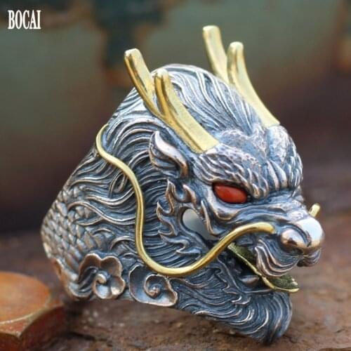 BOCAI 2020 new 100% real s925 pure silver jewelry Dragon ring for man ethnic style handmade Thai silver Domineering Man Ring