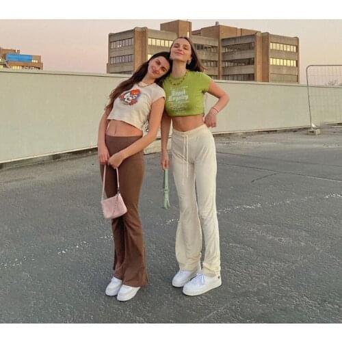 Euro American style 2021 spring and summer new womens wear solid color loose high waist fashion sports leisure flared pants