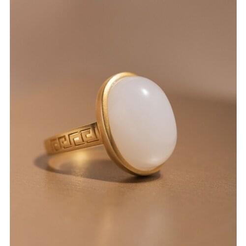 Original Design Tiantian Ancient Gold Inlaid Natural Hetian Jue Suet S925 Ring for Women Tail Ring
