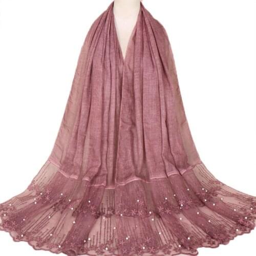 Lace Embroidered Scarf Women Hijab Pearl Floral Shawls with Beads Wraps Muslim Fashion Pashmina Islamic Turban Foulard 180*85CM