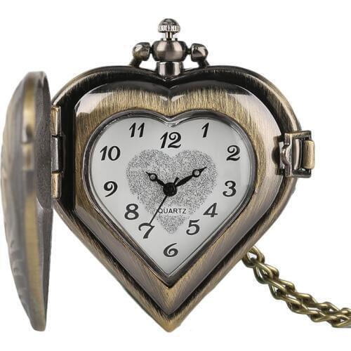 Retro Heart Shape Bronze Pendant Pocket Watches with Necklace Chain Cool Quartz Fob Watch for Women Ladies Girls Best Gift