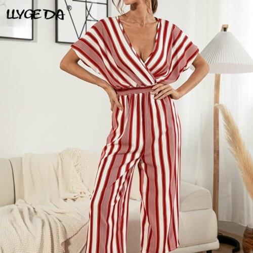 Striped Deep V-neck Female Jumpsuit High Waist Short Sleeve Wide Leg Jumpsuits Women 2021 Summer Streetwear Casual Loose Cloths