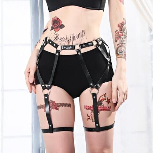 UYEE Pastel Goth Leather Harness Womens Crop Top Stockings Waist Leg Bondage Lingerie Garter Strappy Belt Erotic Fetish LP-094