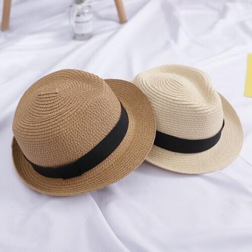 H7784 Children Adult Straw Hat Female Summer British Retro Flat-Top Hipster Hat Sunshade Beach Hat Children Parents Panama Hat