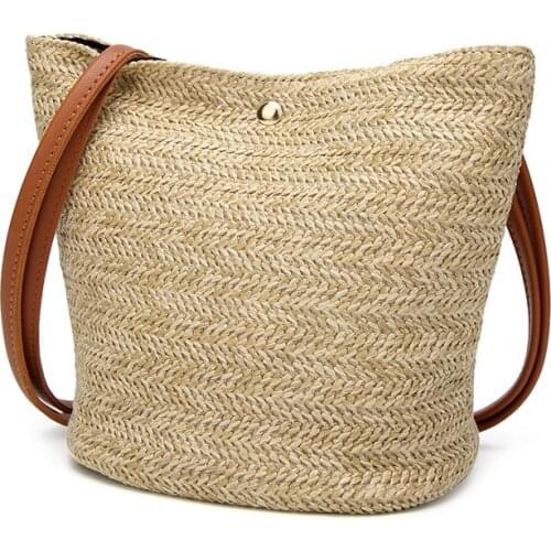 New Women Handbag Summer Beach Bag Rattan Woven Handmade Knitted Straw Large Capacity Totes Leather Women Shoulder Bag Bohemia
