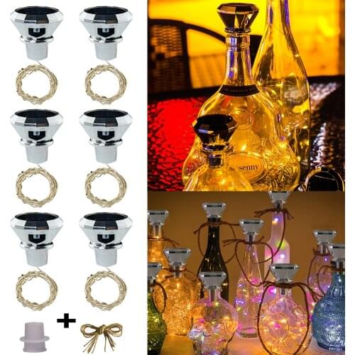 6 pcs Solar Wine Bottle Lights, 2M 20 LEDs Solar String Fairy Light Outdoor Waterproof Solar Diamond Cork Lights for Home Decor