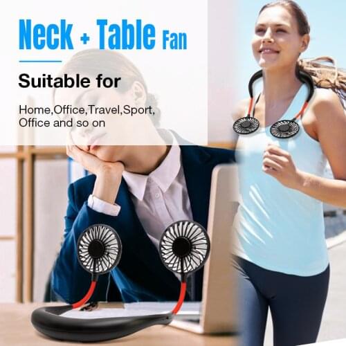 USB Mini Sports Fan Portable Hands Free Dual Neckband Hanging Rechargeable 3 Speed Adjustable Light Cooler Home Office Travel