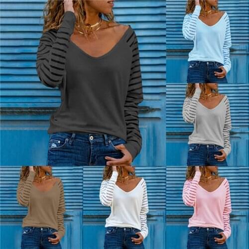 Spring Women T Shirt V Neck Striped Print Fashion Ladies 6 Styles Loose Top Casual Long Sleeve T Shirt