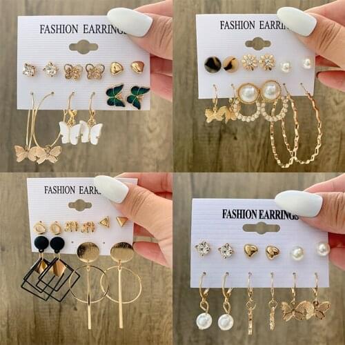 6Pcs/Set Vintage Gold Color Butterfly Simulation Pearl Circle Hoop Earrings Set For Women Trendy Geometric Earings Jewelry Gifts