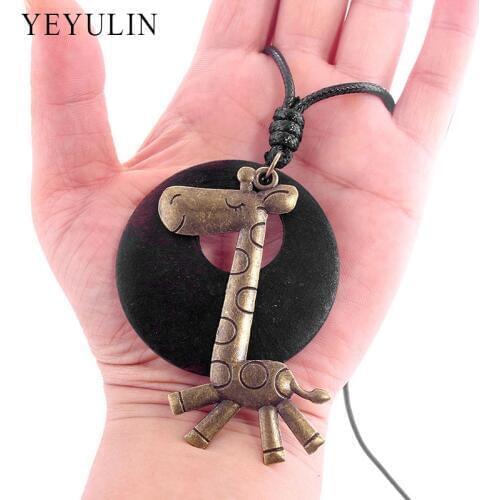 High Grade Wood Bead Bronze Color Alloy Giraffe Tree Charms statement Pendant Necklace For Women Jewelry