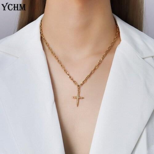 YCHM Thread Cross Necklace Vintage Stainless Steel Pendant Choker For Women Bijoux Femme Collier Necklace Women Jewelry