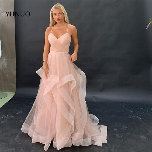 YUNUO A Line Tulle Dusty Rose Evening Dresses Gowns Spaghetti Straps платье на выпускно Backless Criss Cross Prom Party Dress