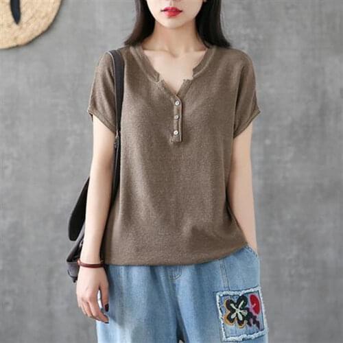 Ice Silk Knitted V-neck Short-sleeved T-shirt Womens Summer 2021 Korean Version New Bottoming Shirt Loose Knit Button Top