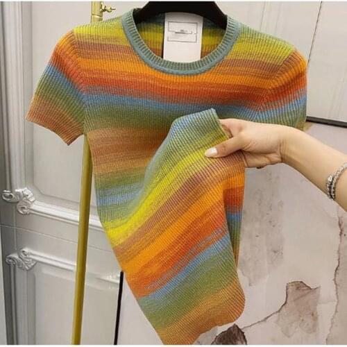 2021 summer Rainbow striped short-sleeved knitted t-shirt women o-neck slim high-stretch tees