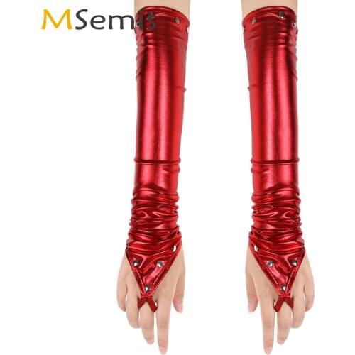 Women Fingerless Gloves Sexy Nightclub Pole Dance Latex Mittens Erotic Rave Mitt Wetlook Metallic Leather Long Glove with Rivets