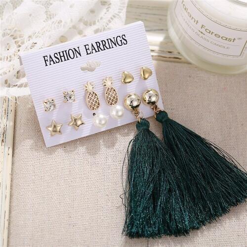 2019 New Boho Fashion Dark Green Tassel Artificial Pearl Crystal Metal Earrings For Women Vintage Earring Jewelry Party Wedding