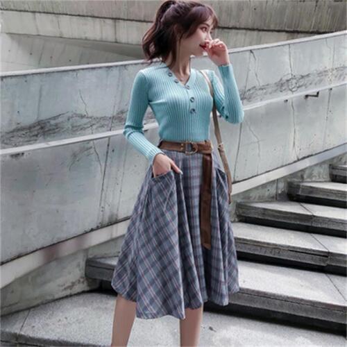 Fashion Plaid suit women Autumn /spring New Fashion Knit Sweater + Plaid Skirt Two-Piece suit women