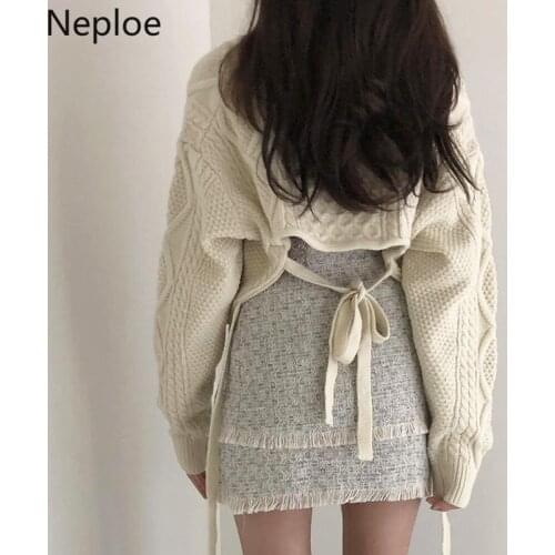 Neploe Korean Twist Knitted Sweater Long Sleeve V-neck Short Pullover Knitwear 2021 Autumn Winter Back Lace Up Pull Femme 54075