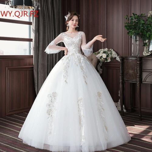HMHS-019#Wedding Dress Embroidered Lace on Net Long sleeves O-Neck Lace up marry Dresses white Long cheap Wholesale ball gown