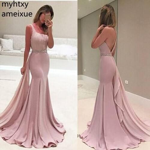 Cheap Luxury Pink Mermaid Evening Dresses 2021 Sleeves Pearls Belt Dubai Saudi Arabic Formal Gown Prom Dress Robe De Soiree