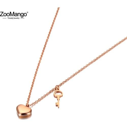 ZooMango Trendy Goth Stainless Steel Heart & Key Charm Pendant Necklaces Rose Gold Chain Link Choker Necklace For Women ZN20058