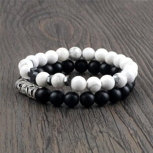 Trendy Bracelets&Bangles 2pcs/set White Turquoises Cross Beaded Bracelet Elastic Rope 8mm Natural Stone For Homme Femme Jewelry