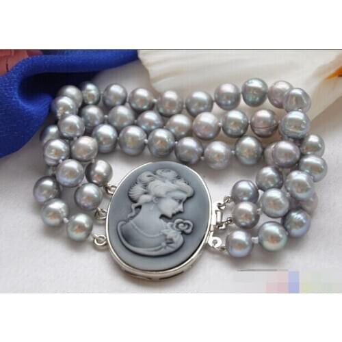 3row 8" GRAY ROUND FRESHWATER PEARL BRACELET