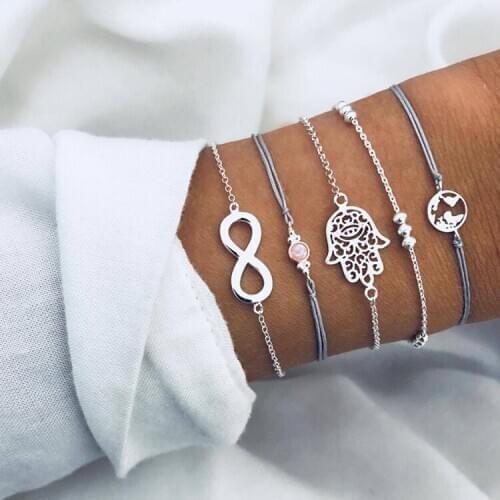 Handmade 5 Pcs Set Jewelry Gifts Bohemian Silver Color Metal Rope Chain 8 World Map Adjustable Bracelet for Women