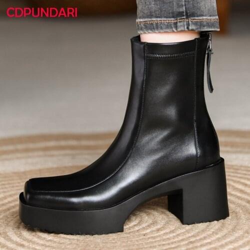 Black Genuine Leather High Heels Ankle Boots For Women Autumn Winter Platform Boots Shoes Bottes Plateforme Femme Botines Mujer