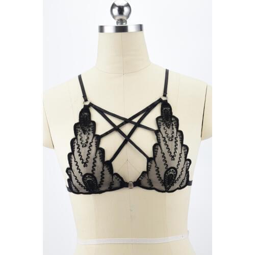 Black Lace Harness Womens Fetish Cage Bra Adjustable Harness Bra Crop Top Bondage 90s Erotic Lingerie Cupless Bra O0486
