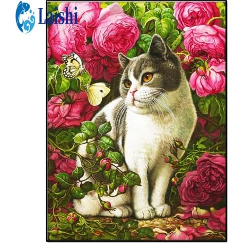 Hibiscus flower and cute cat, garden landscape Diamond Painting Full Round Rhinestone Paintings Diamond Embroidery Home Decor