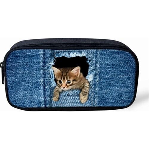 HaoYun Kids Pencil Case Jeans Cats Pattern Students Stationery Box Animal Image Childrens School Pen Bags Girls Beautician