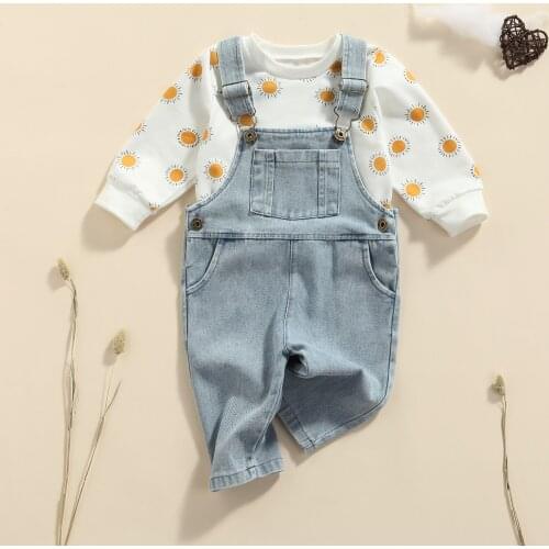 1-4Y Children Clothes Set Sun Print Long Sleeve Pullover + Adjustable Suspender Jeans Spring Autumn Casual Outfits for Boys Girl