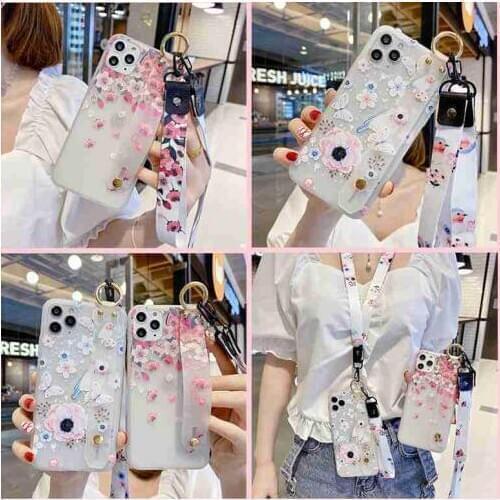 For Samsung Galaxy S20 Ultra Plus A91 A71 A51 A90 5G Phone Case Flower Peach Blossom Butterfly Lanyard Holder Stand TPU Cover