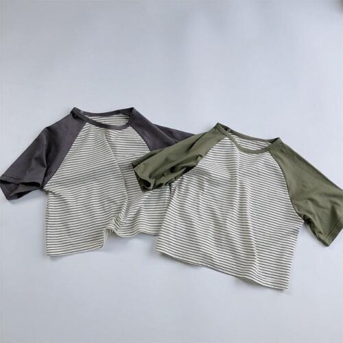 Korean Childrens Short-Sleeved T-shirt 2020 Summer New Knitted Cotton Boys and Girls Raglan Sleeves Striped T-shirt