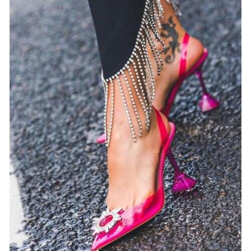 Hot Pink Black Blue Red Green PVC Pointed Toe Pumps Woman Shallow Butterfly Knot Sunflower Front Bling Crystal Party Shoes