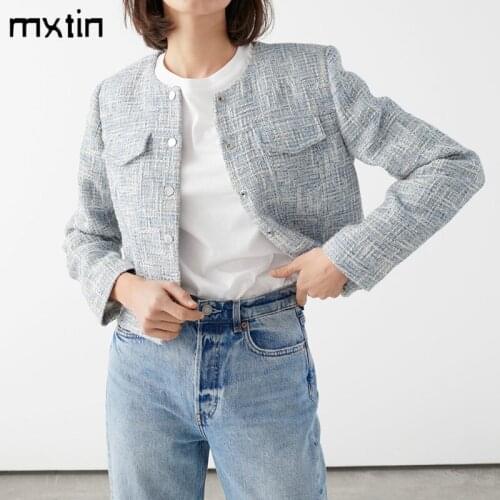 MXTIN 2021 Women Spring Fashion Solid Pockets Jacket Coat Vintage O-Neck Long Sleeve Single Breasted Female Outerwear Chic Tops