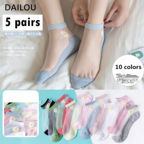 5pairs summer women socks Japanese cotton thin transparent crystal lace short socks daisy Glass silk socks breathable ankle sock