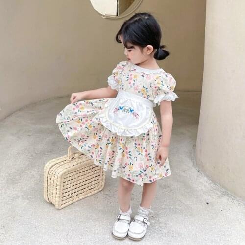 2021 Summer New Arrival Girls Fashion Floral Dress with Apron Kids Korean Design Cotton Dress Kids Clothes