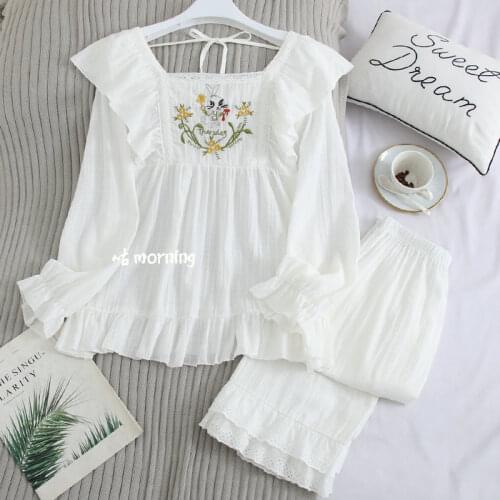 Autumn 2021 New Retro Court Style Fashion Exquisite Embroidered Woven Cotton Long-sleeved Pajamas Square Collar Trouser Suits