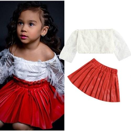 Citgeett Autumn Kids Baby Girls Clothing Set Fashion Off Shoulder Mesh Long Sleeve Tops+PU Pleated Skirt Christmas Clothes