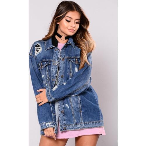 Sexy Hole Denim Jackets Women Boyfriend Style Long Sleeve Vintage Jean Jacket Denim Loose Casual Autumn Denim Coat Bomber Jacket