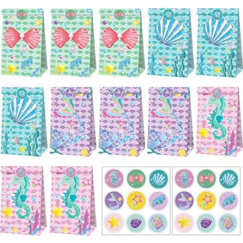 12pcs Gift Bag Favor Box Paper Kids Treat Packing Mermaid Sea Animals Safari Shark Starfish Shell Candy Birthday Party Gift Box